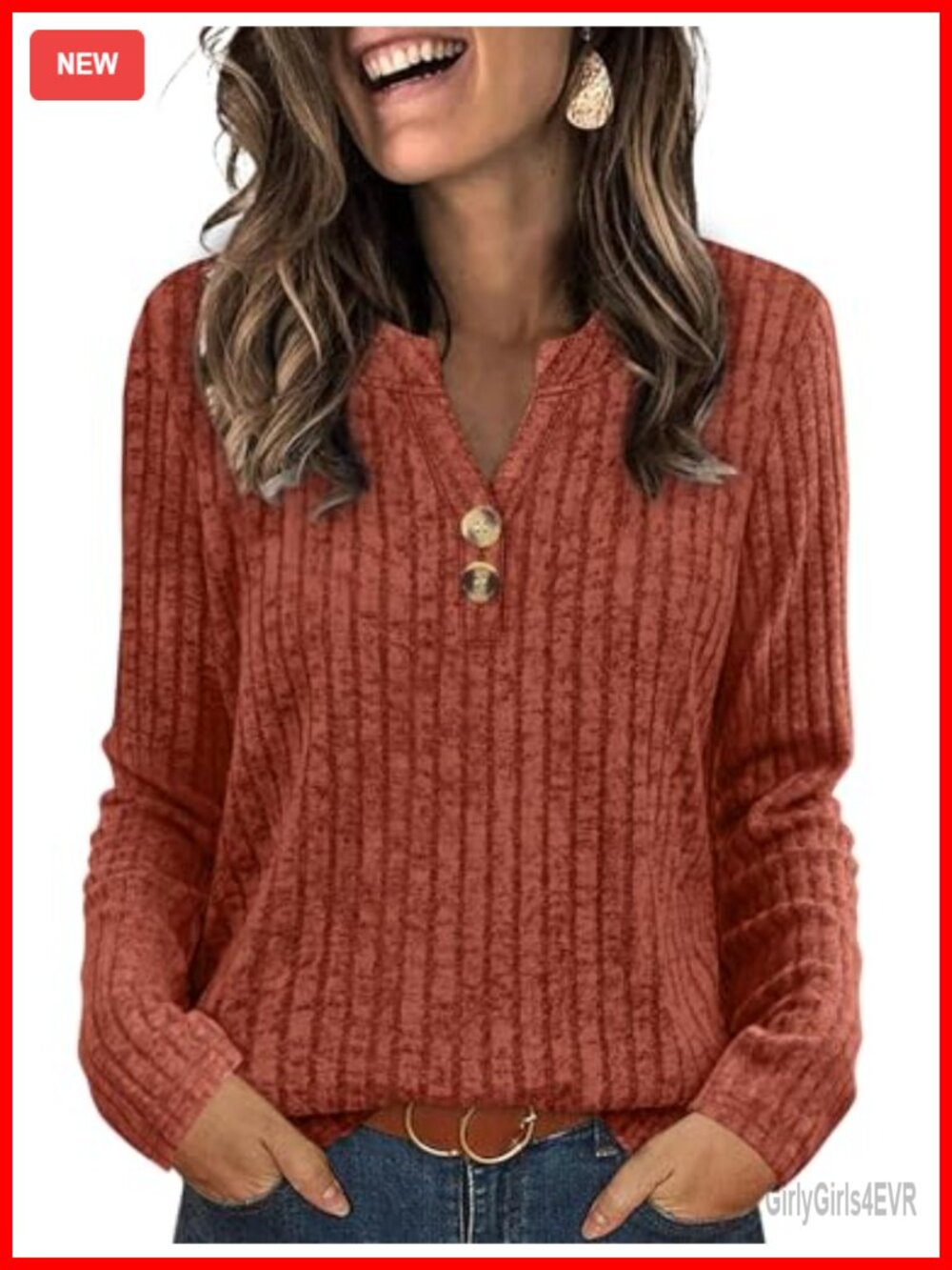 Women's V-Neck Lightweight Long Sleeve Sweater with Buttons Loose Casual Tunic